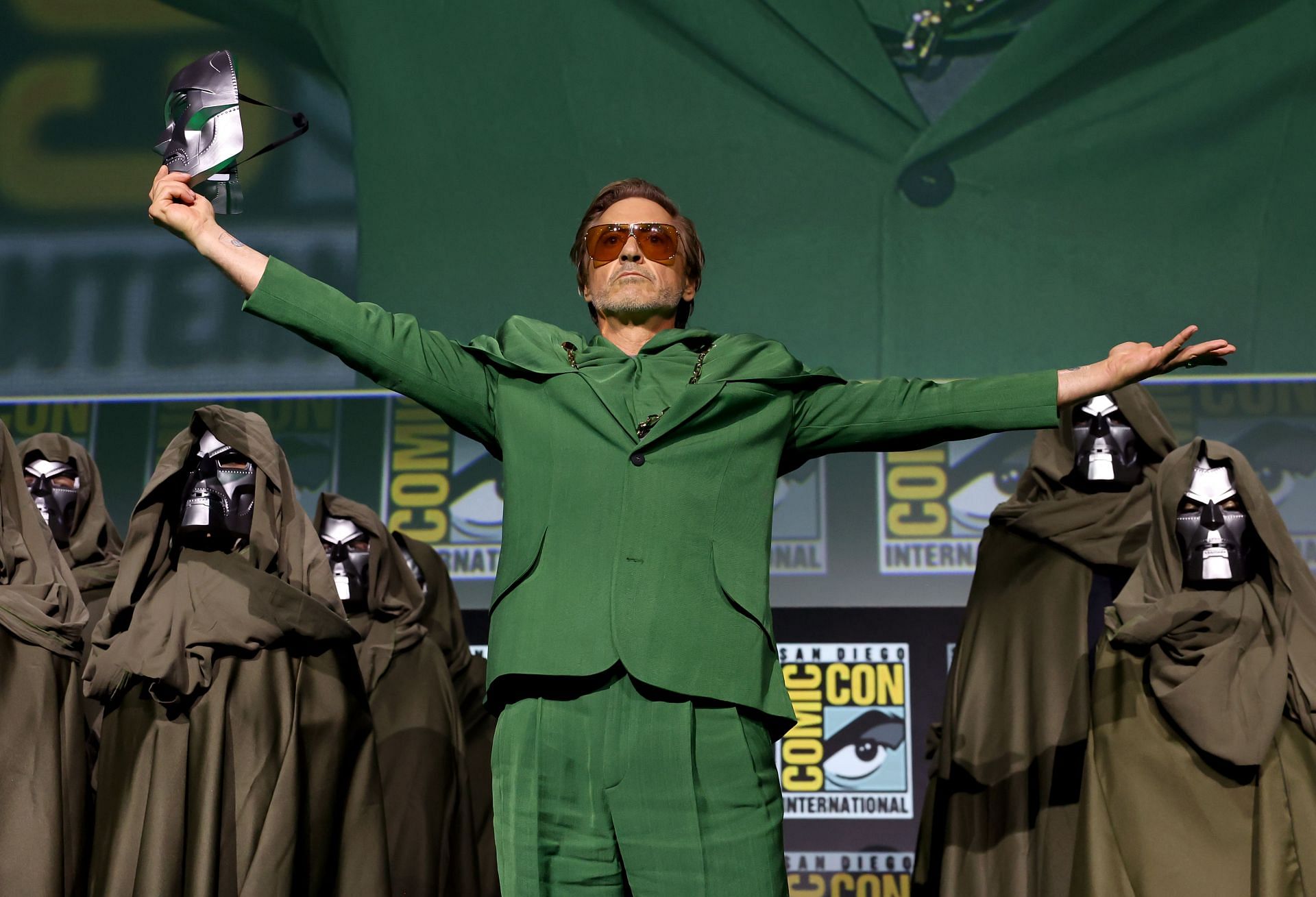 Robert Downey Jr. speaks onstage during the Marvel Studios Panel (Photo by Jesse Grant/Getty Images for Disney)